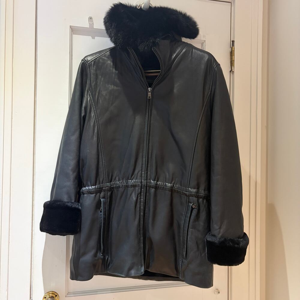 Andrew Marc Leather Coat Mid Length Fox Fur Trim Size Small - Picture 2 of 14